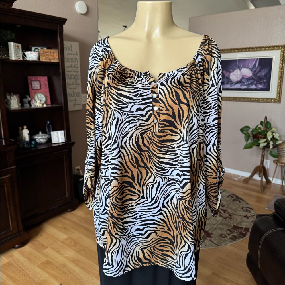 Notations zebra print long roll tab sleeves scoop neckline blouse-size 1X